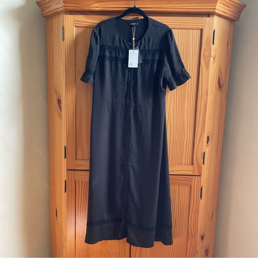 Quince Women Lightweight Crepe Lace Inset Midi Dress Black - Sz Large NWT - Picture 6 of 14